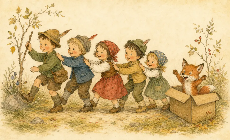 children dancing in a line, a little fox popping out of a box