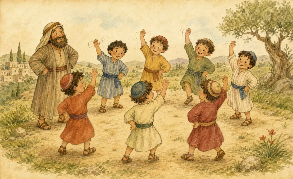 a circle of children all copying the same silly action, arms waving