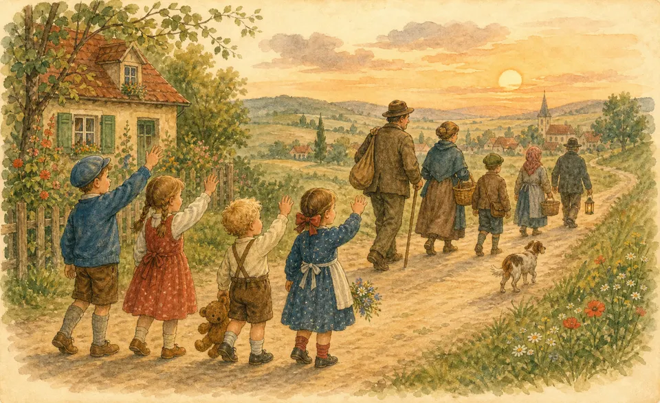 children waving goodbye as everyone heads home at the end of the day