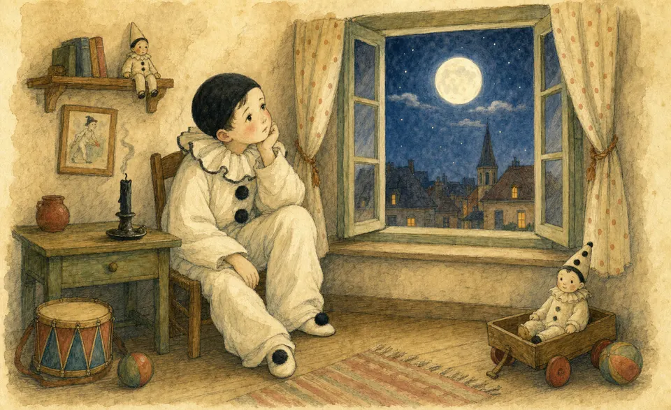 Pierrot at a moonlit window, a candle gone dark beside him