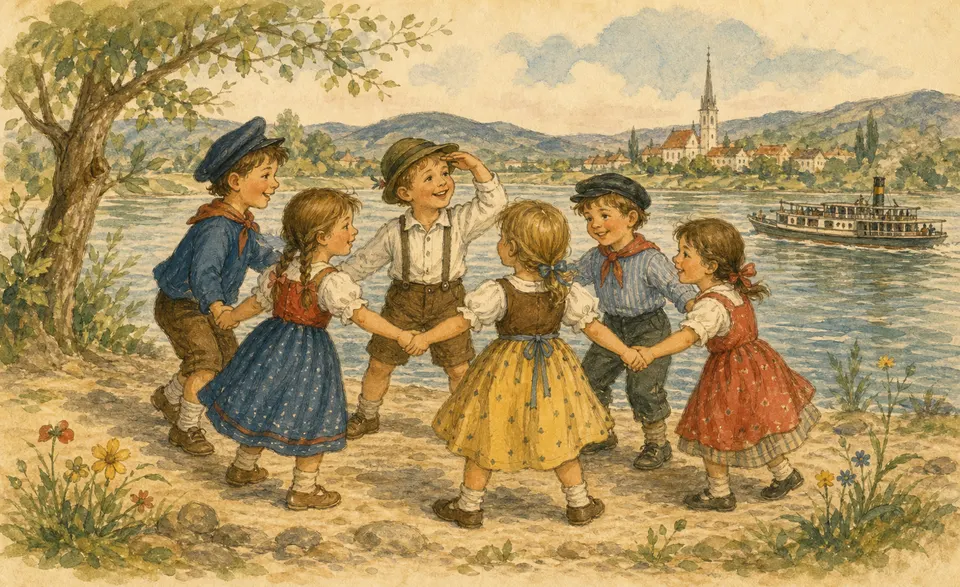 children in a ring pretending to sail a little boat on a river