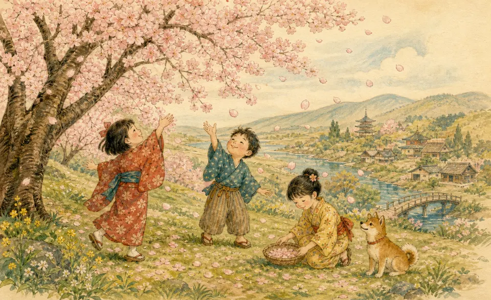 cherry blossom drifting across a spring hillside